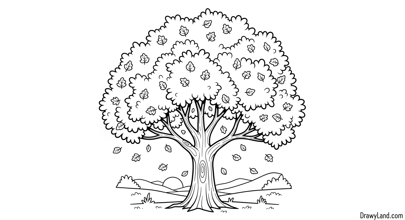 Free Printable Autumn Tree Coloring Pages A beautiful autumn tree coloring page with falling leaves
