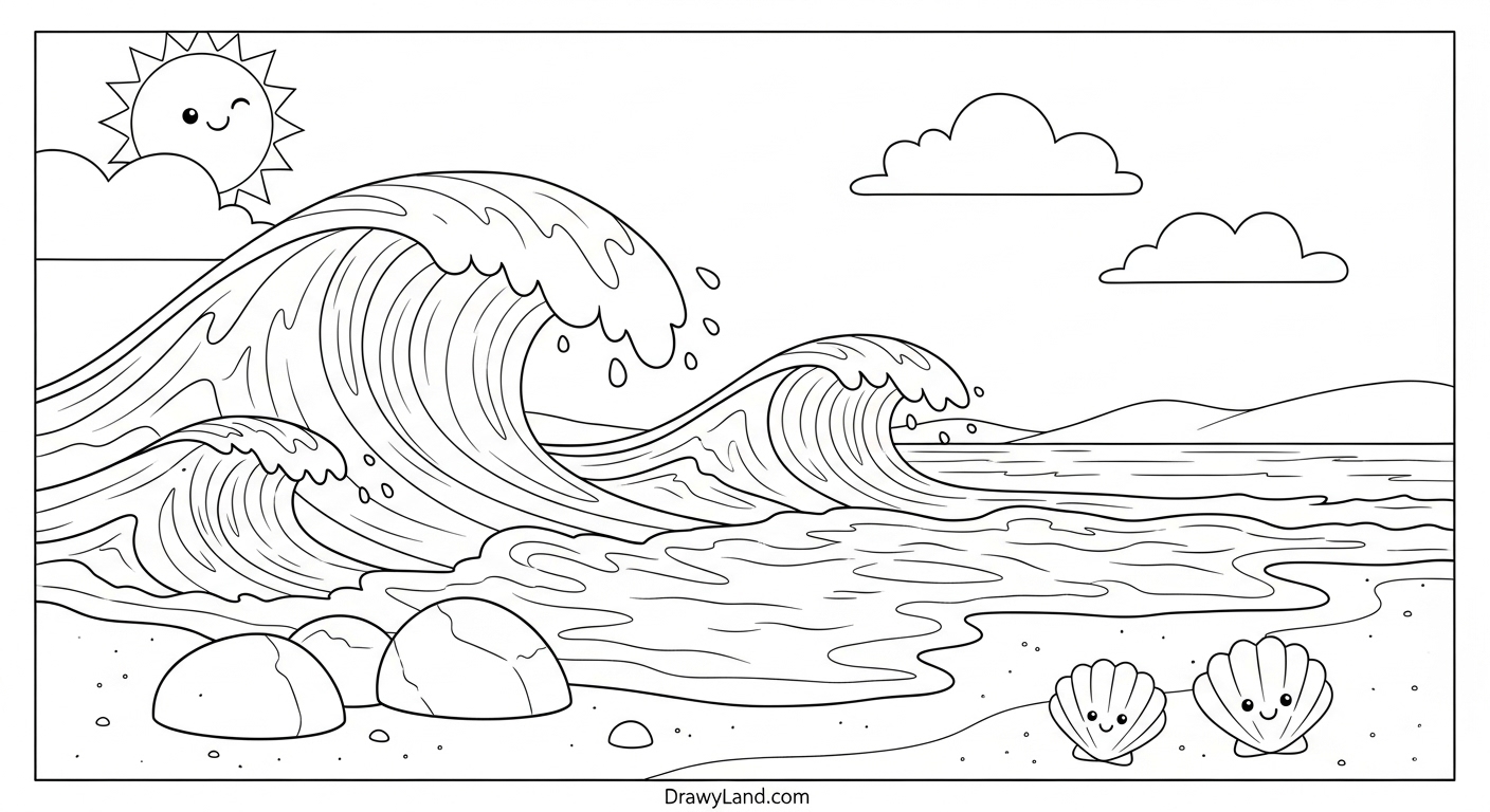 Free Printable Beaches Coloring Pages Printable beach scene with palm trees and sun