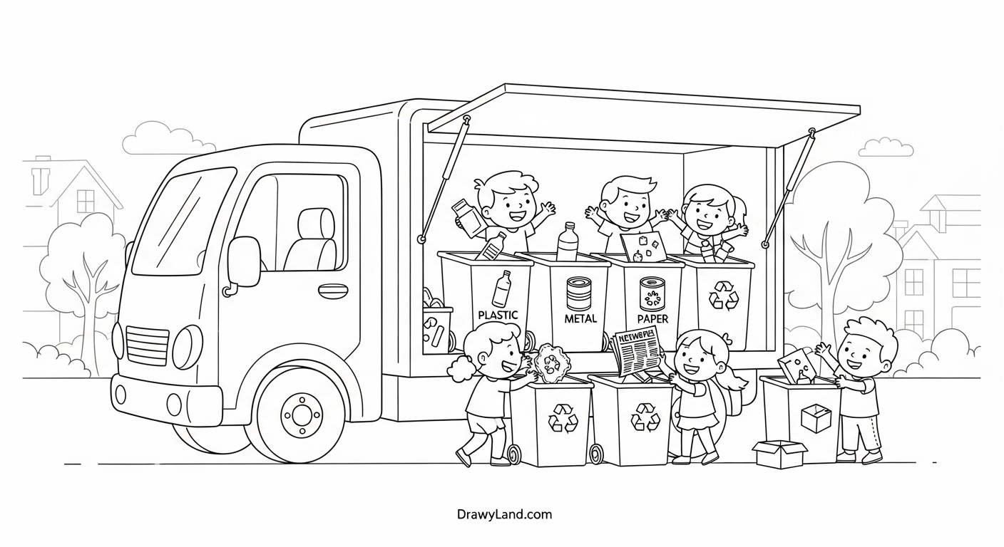 Free Printable Bin Lorry Coloring Pages A recycling truck coloring printable showing the recycling symbol