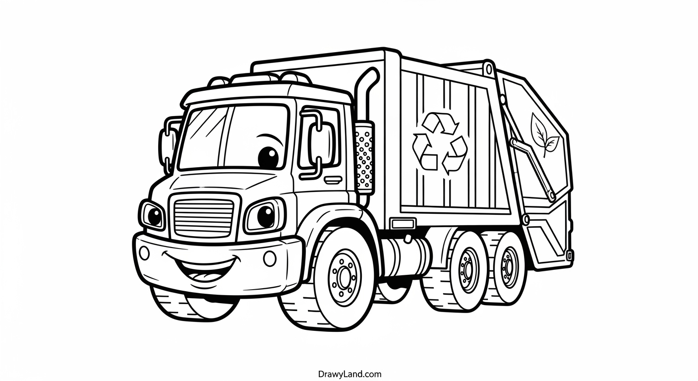 Free Printable Bin Lorry Coloring Pages A friendly cartoon garbage truck waiting to be colored