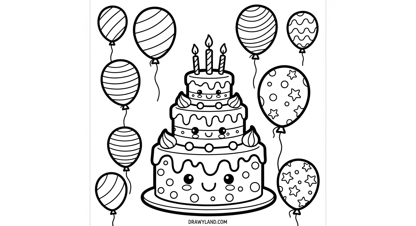 Free Printable Birthday Cake Color Sheet for Kids Happy birthday coloring sheet with a large cake and balloons