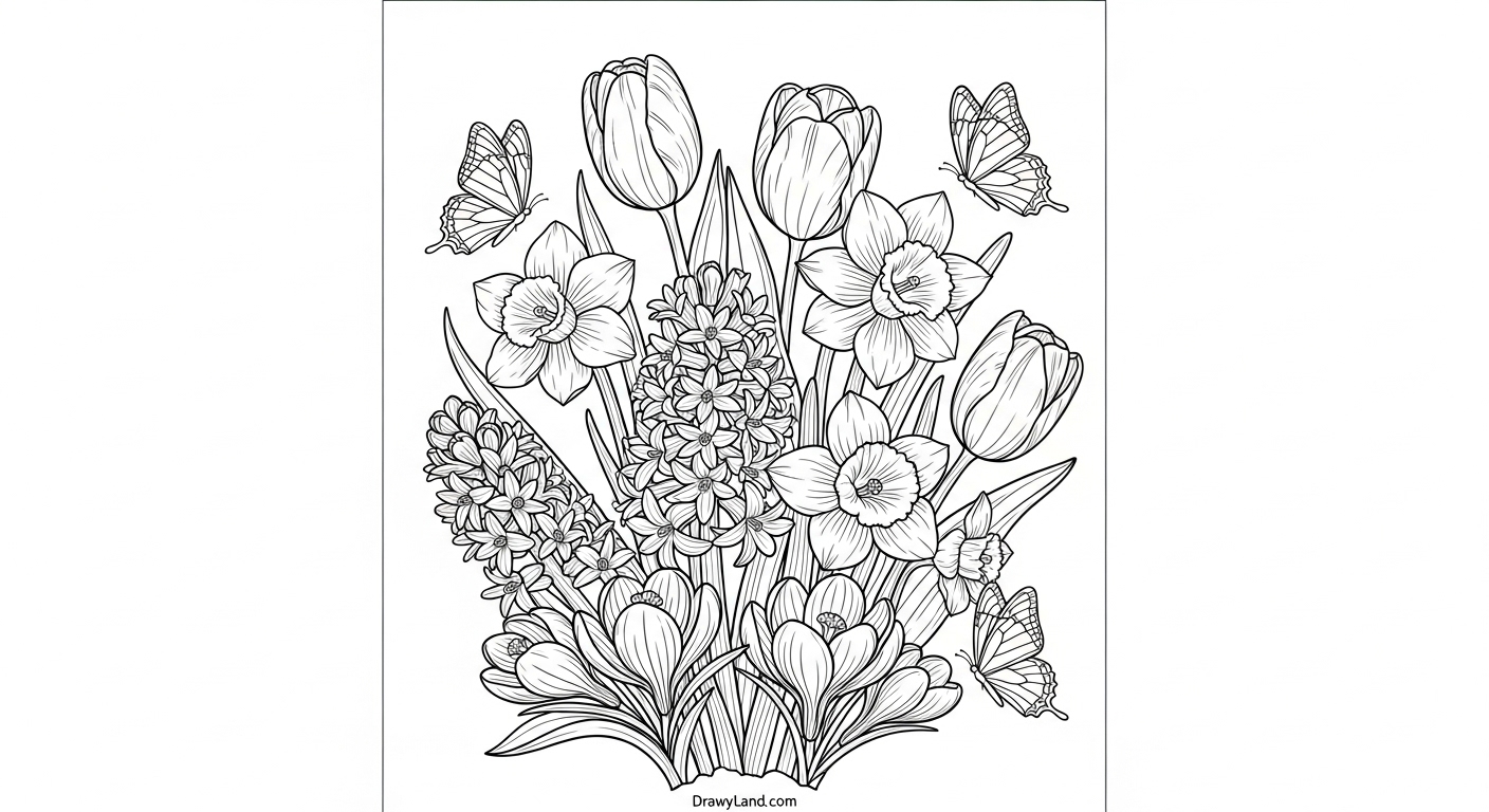 Free Printable Butterfly Flower Coloring Pages Detailed spring garden with butterflies and flowers coloring sheet