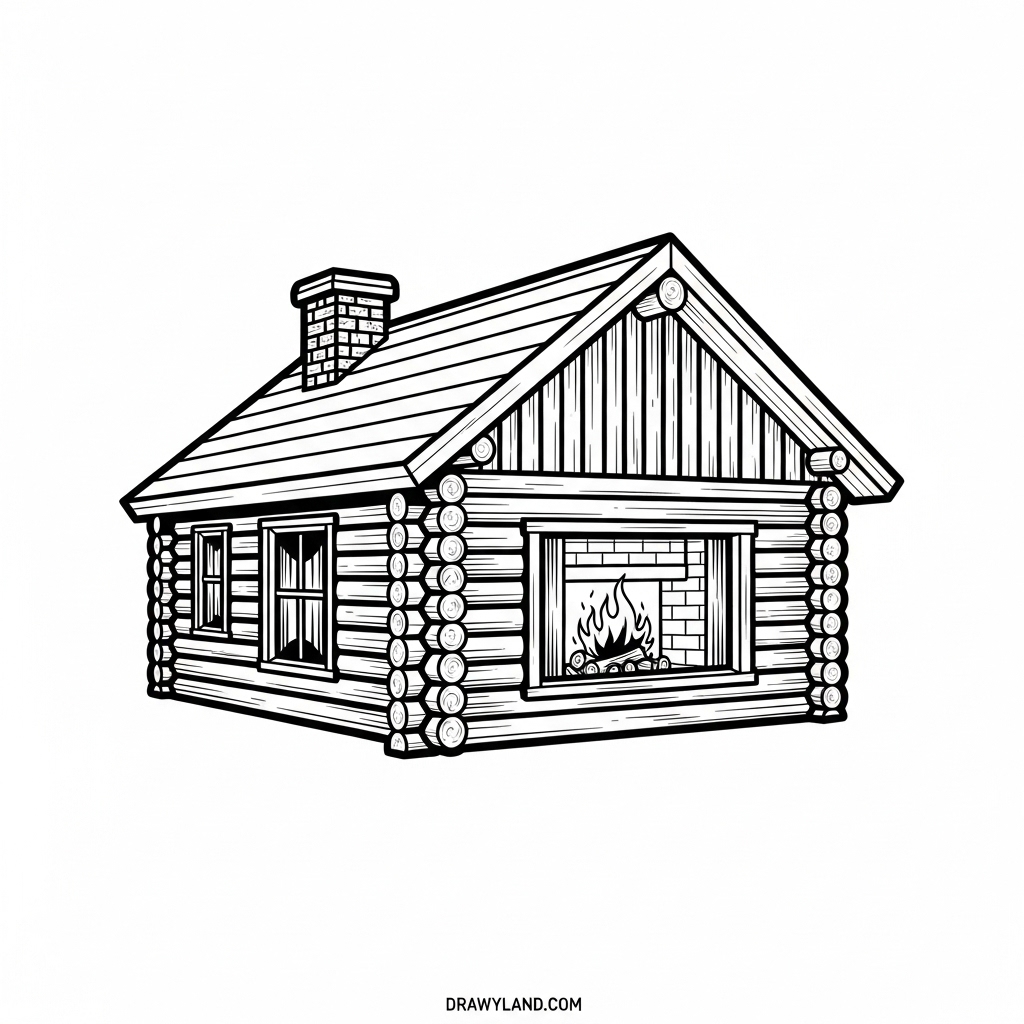 winter cabin coloring page with snowy trees