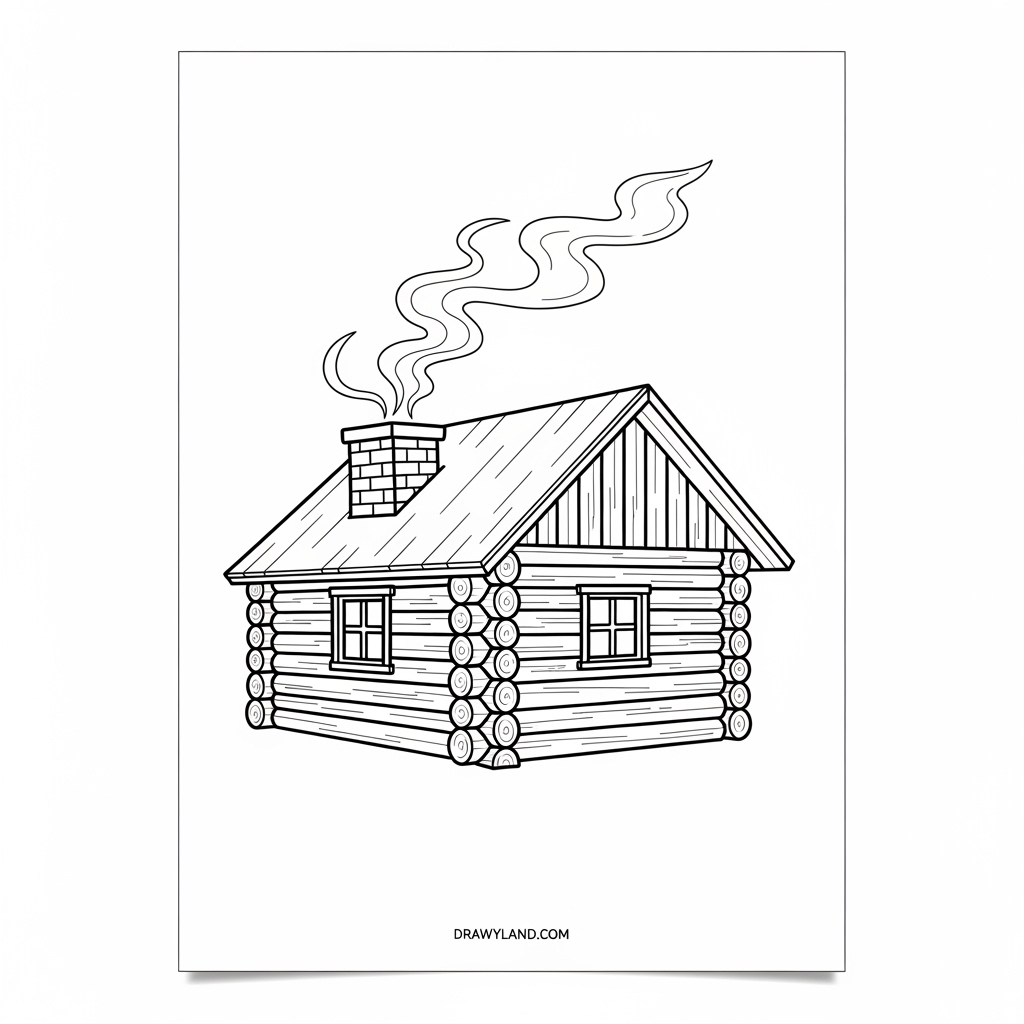 cozy cabin coloring page with a fireplace