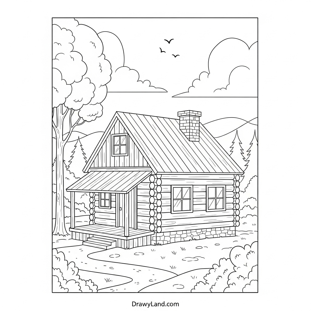 mountain landscape with cabin coloring page