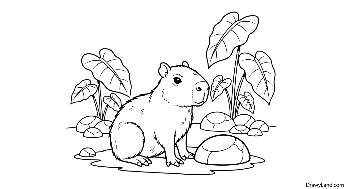Free Printable Capybara Coloring Pages for Kids funny capybara with orange on head coloring sheet