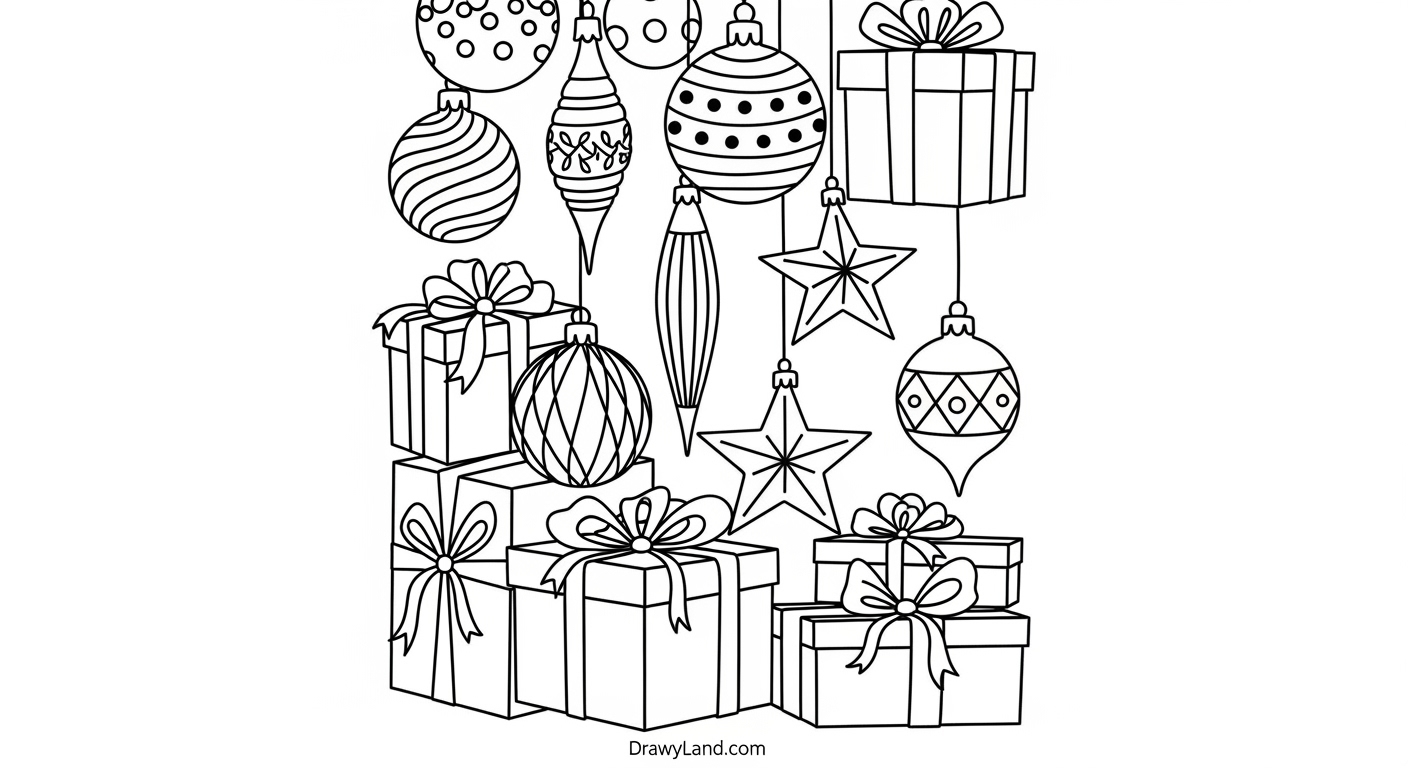 Free Printable Christmas Coloring Cards for Kids A finished Christmas coloring card next to a gift and envelope