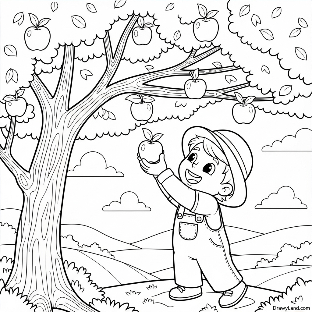 A pumpkin patch scene from a printable coloring book for fall