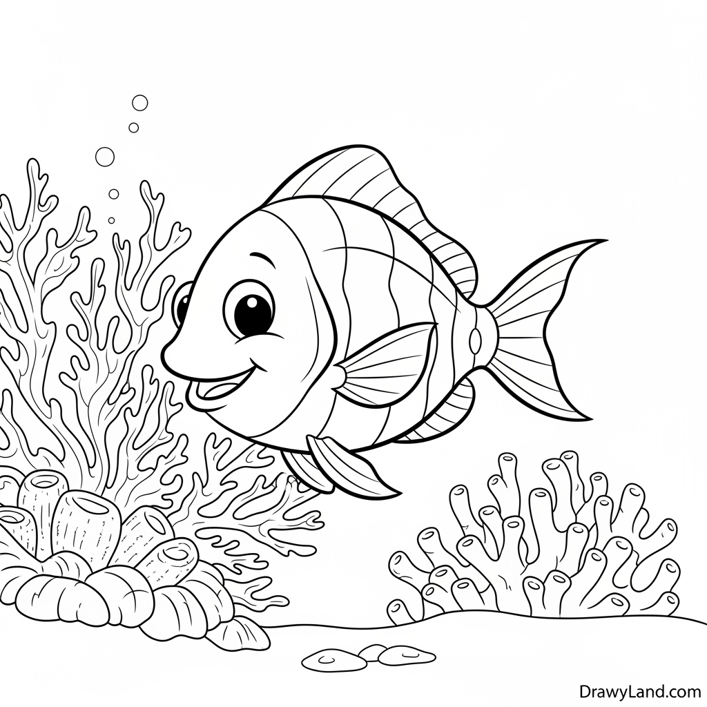 cute sea turtle and clownfish coral coloring page