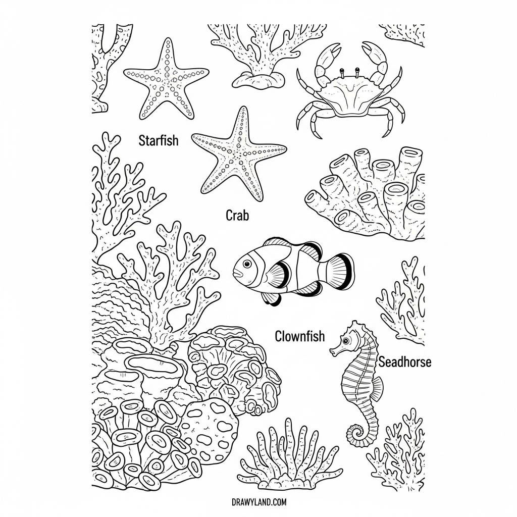 educational coral reef ecosystem coloring page for kids