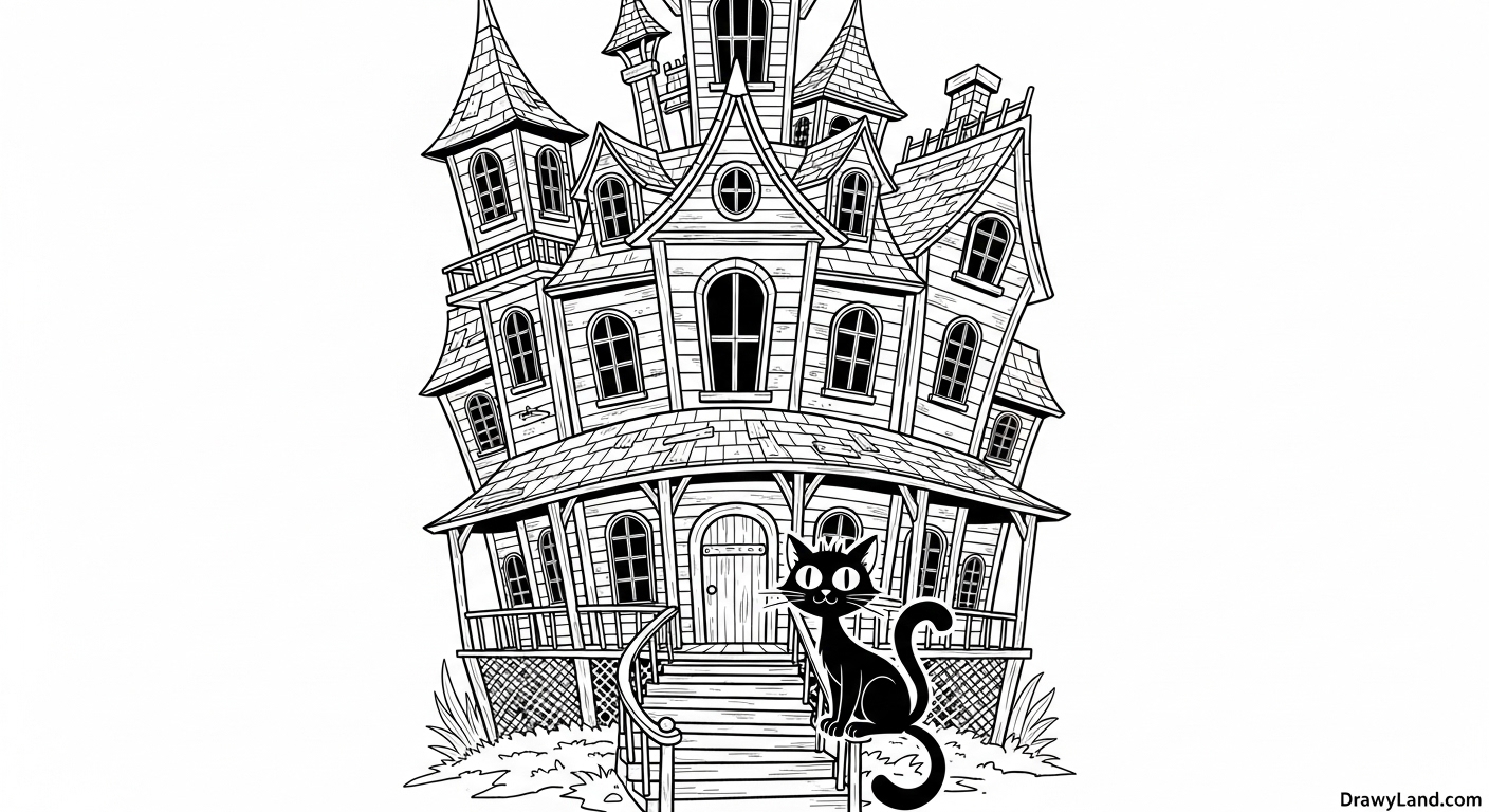 Free Printable Haunted House Coloring Pages for Kids Easy haunted house coloring sheet for toddlers with simple shapes