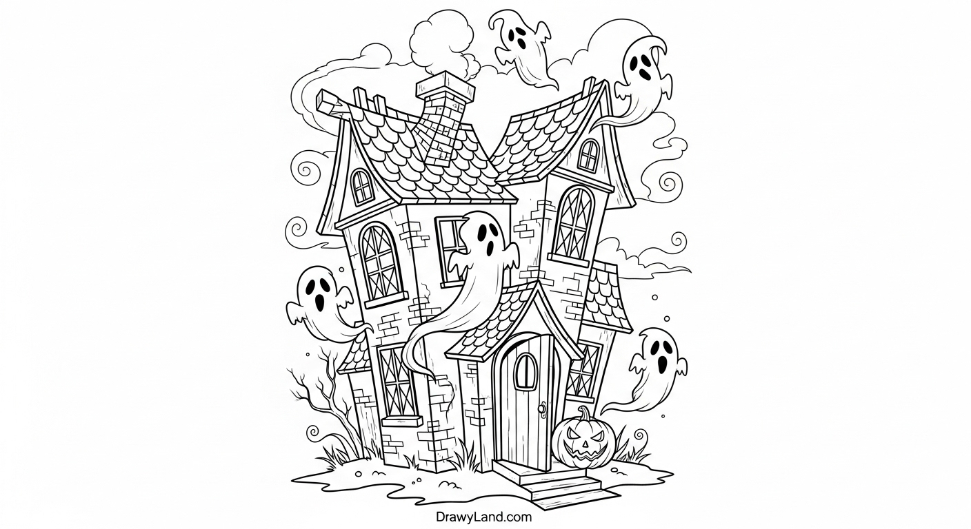 Free Printable Haunted House Coloring Pages for Kids A cute ghost in a house coloring page for kids
