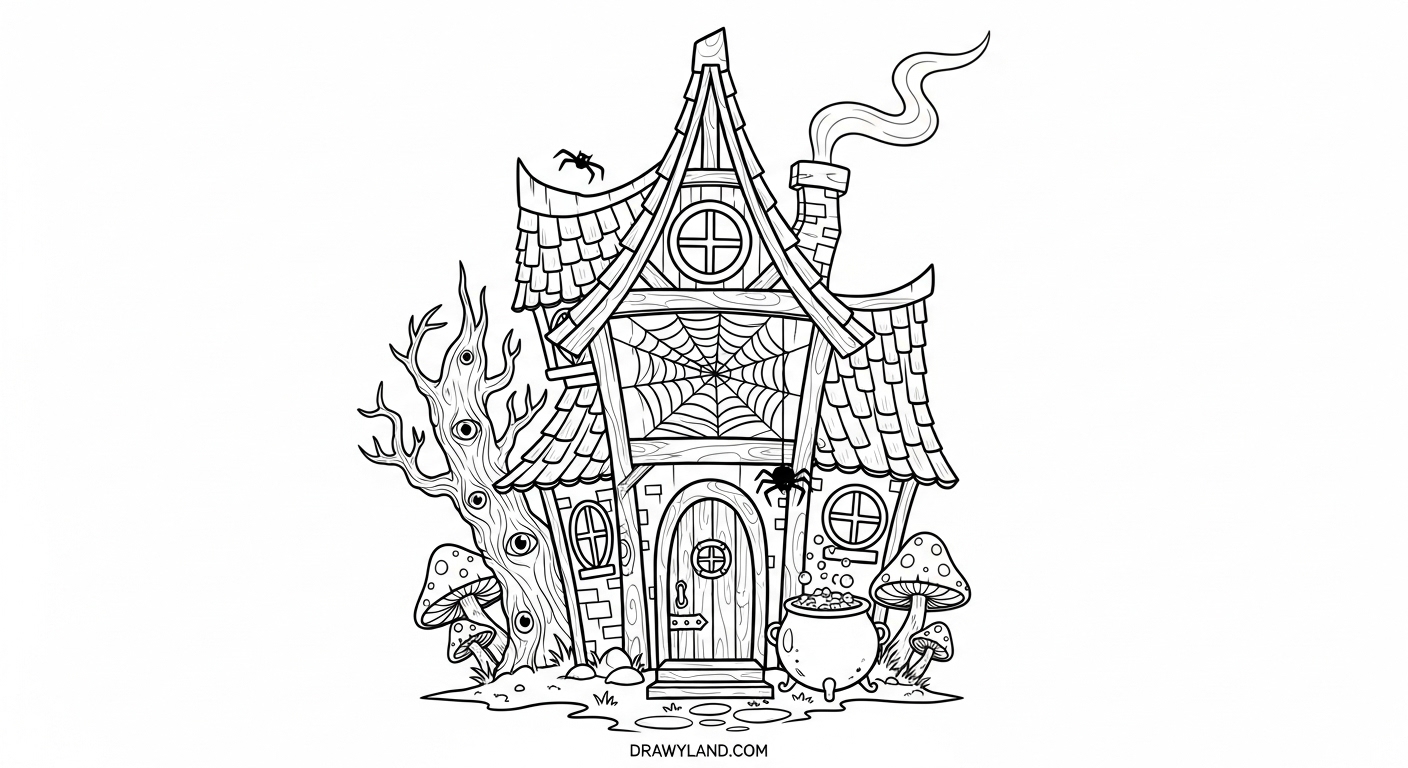 Free Printable Haunted House Coloring Pages for Kids Witch's cottage and black cat coloring page for Halloween