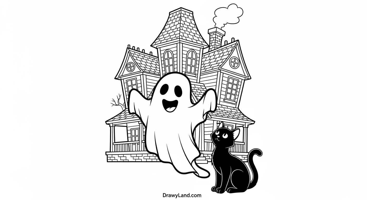 Free Printable Haunted House Coloring Pages for Kids A detailed coloring page of a spooky haunted mansion