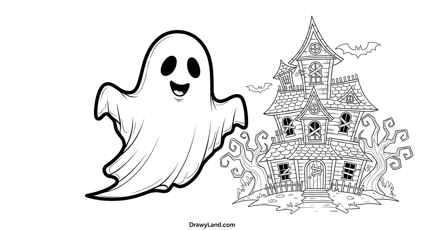 Free Printable Haunted House Coloring Pages for Kids A classic haunted house coloring page with a full moon