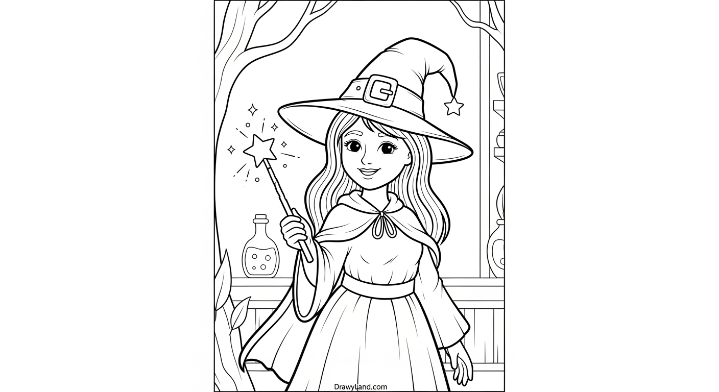 Free Printable Coloring Pages of Witches friendly witch stirring a cauldron coloring page