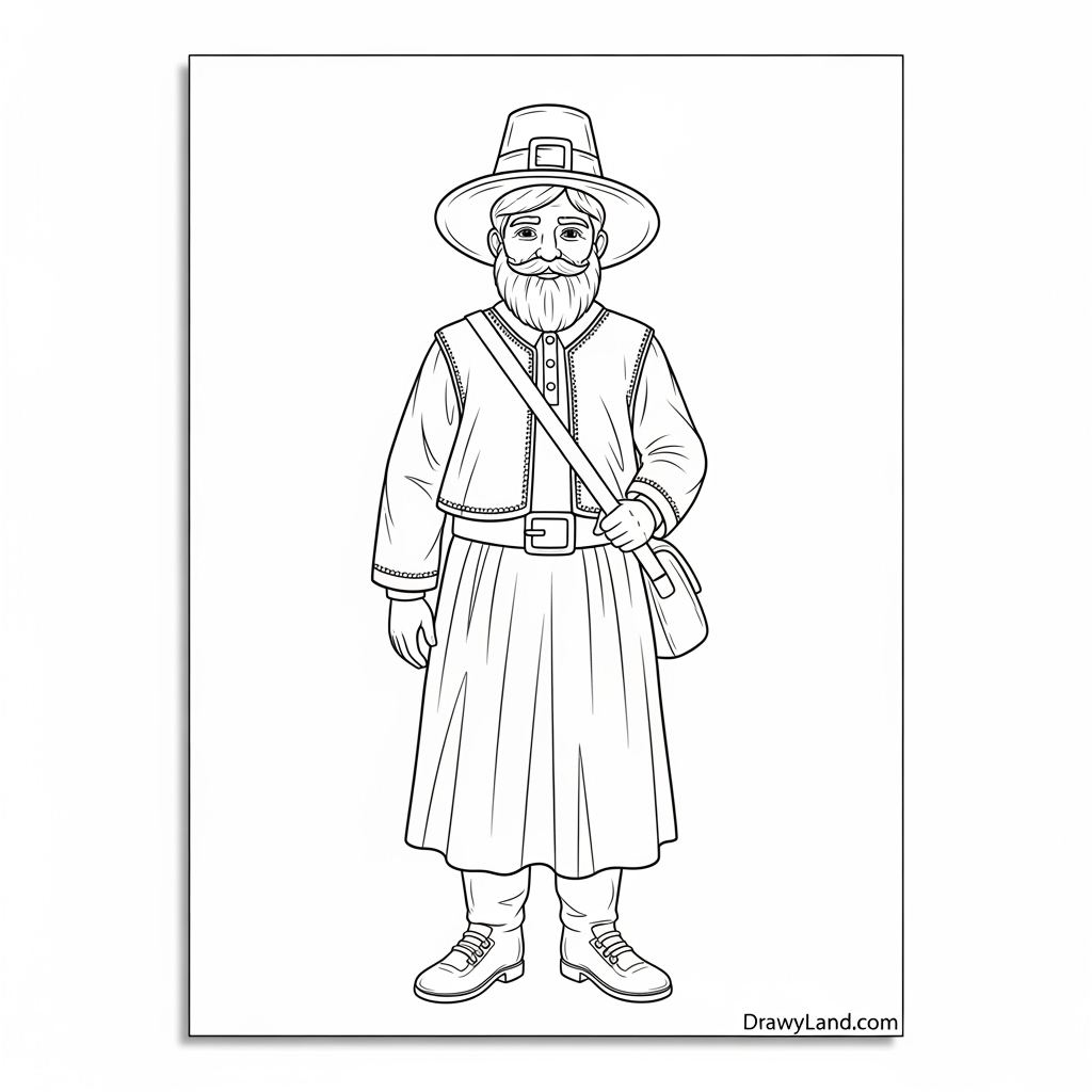 A detailed coloring page of a pilgrim boy and girl working together