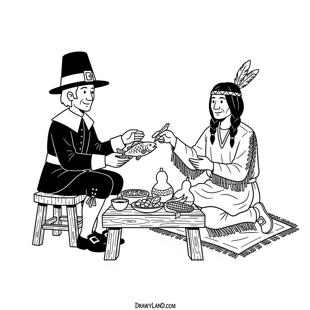 A Thanksgiving coloring page with pilgrims, a turkey, and a cornucopia