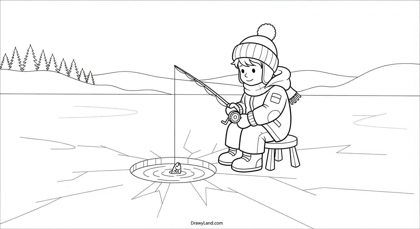 Dive In! Free Printable Fishing Coloring Pages boy ice fishing coloring page free printable