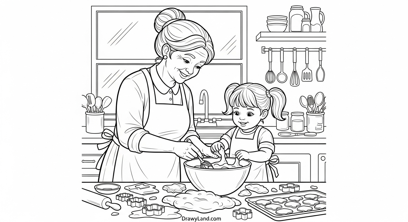 Free Printable Grandma Coloring Page Collection Baking with Grandma coloring page with cookies and an apron