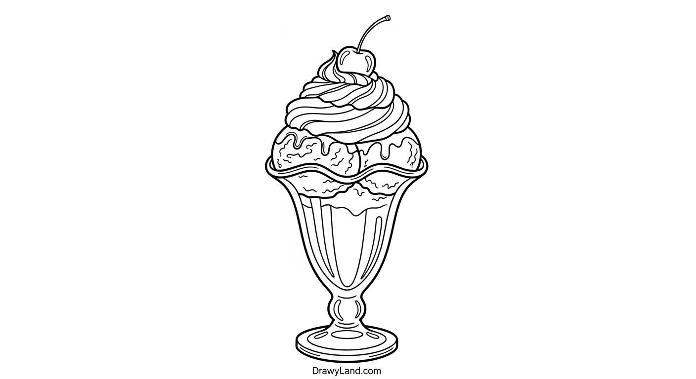 Free Printable Ice Cream Sundae Coloring Sheet simple sundae drawing to color with a cherry on top