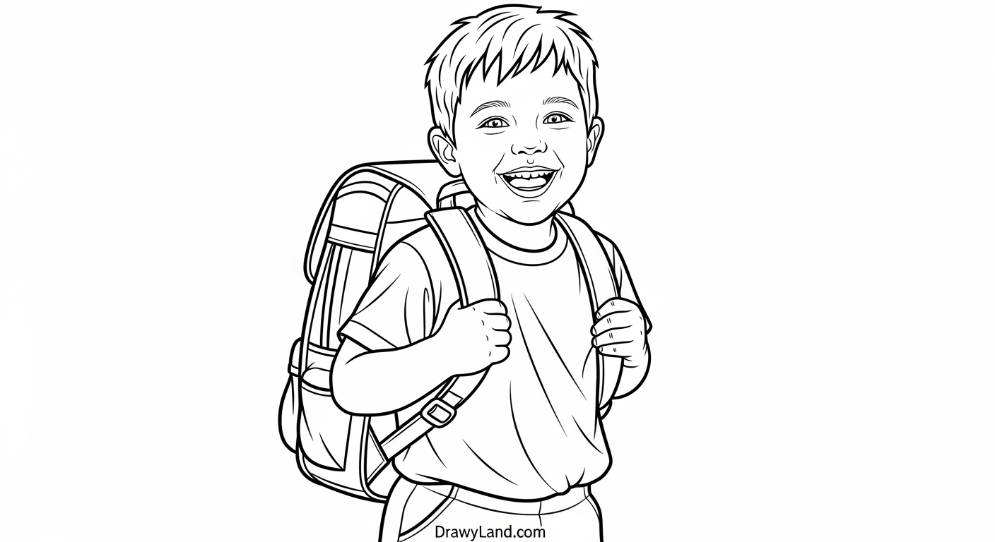 Free Printable: Kindergarten Beginning of School Year Color Sheets a happy student on the first day of school coloring sheet