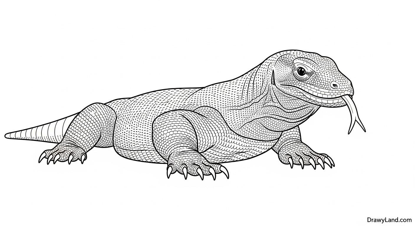 Free Printable Komodo Dragon Coloring Page realistic komodo dragon coloring page with scales and claws