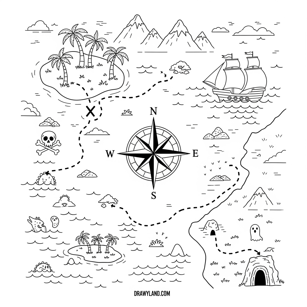 fun treasure map coloring sheet for imaginative play