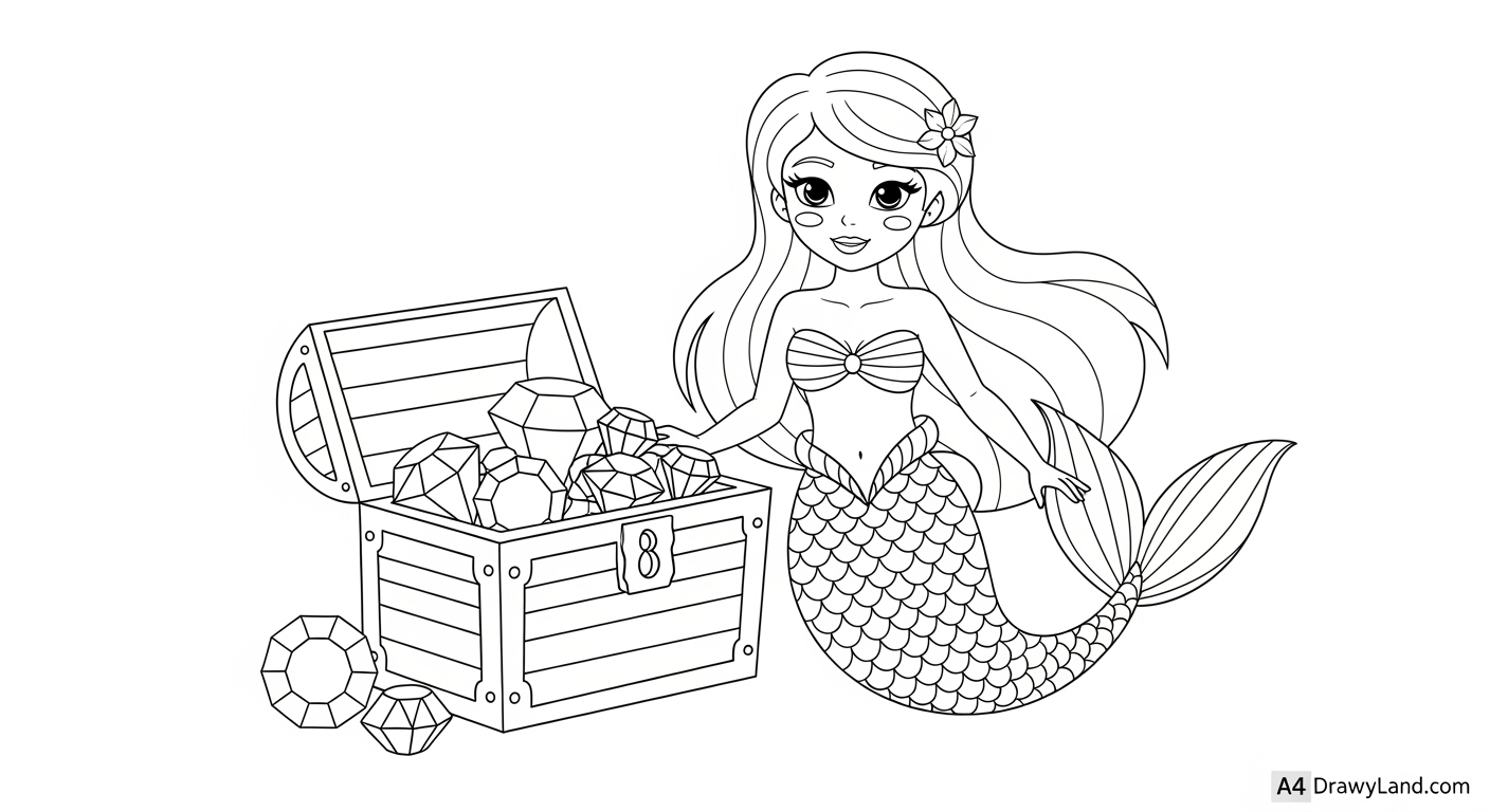Free Printable Mermaid Color Pages A coloring page of a beautiful mermaid in an ocean scene