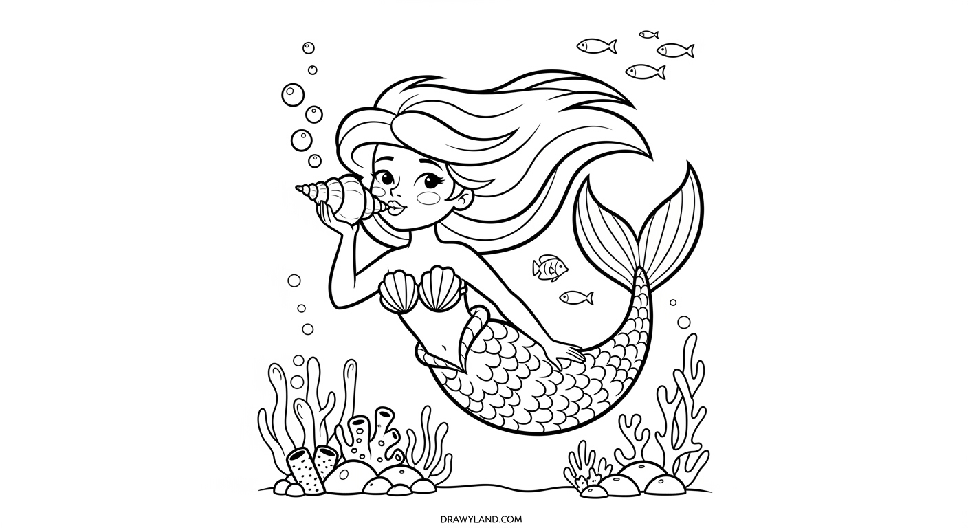 Free Printable Mermaid Color Pages A simple and cute mermaid color page for children