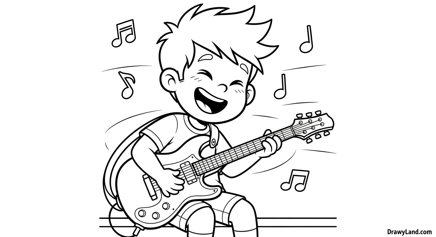Free Printable Music Band Coloring Pages for Little Rockstars A smiling boy playing guitar on a rock band coloring page