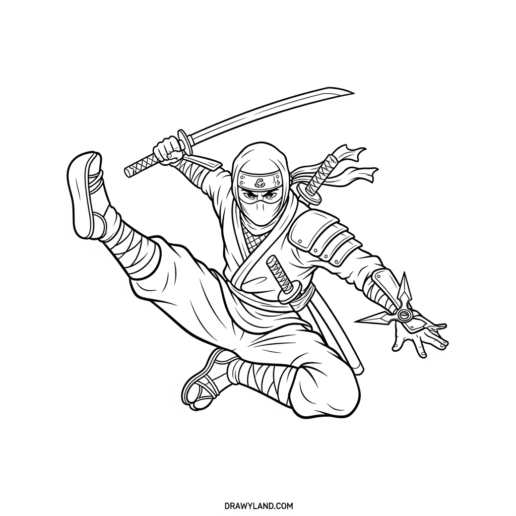 Free Printable Ninjas Coloring Pages ninja warrior with katana sword coloring page
