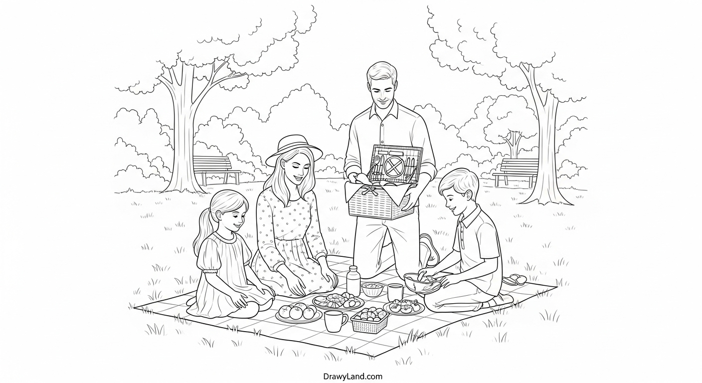 Free Printable Picnic Coloring Pages for Kids simple outdoor feast coloring page for toddlers