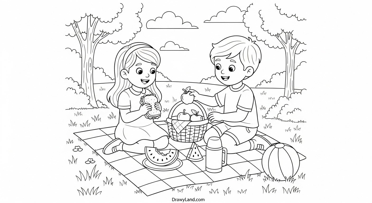 Free Printable Picnic Coloring Pages for Kids detailed picnic basket coloring page with fruit