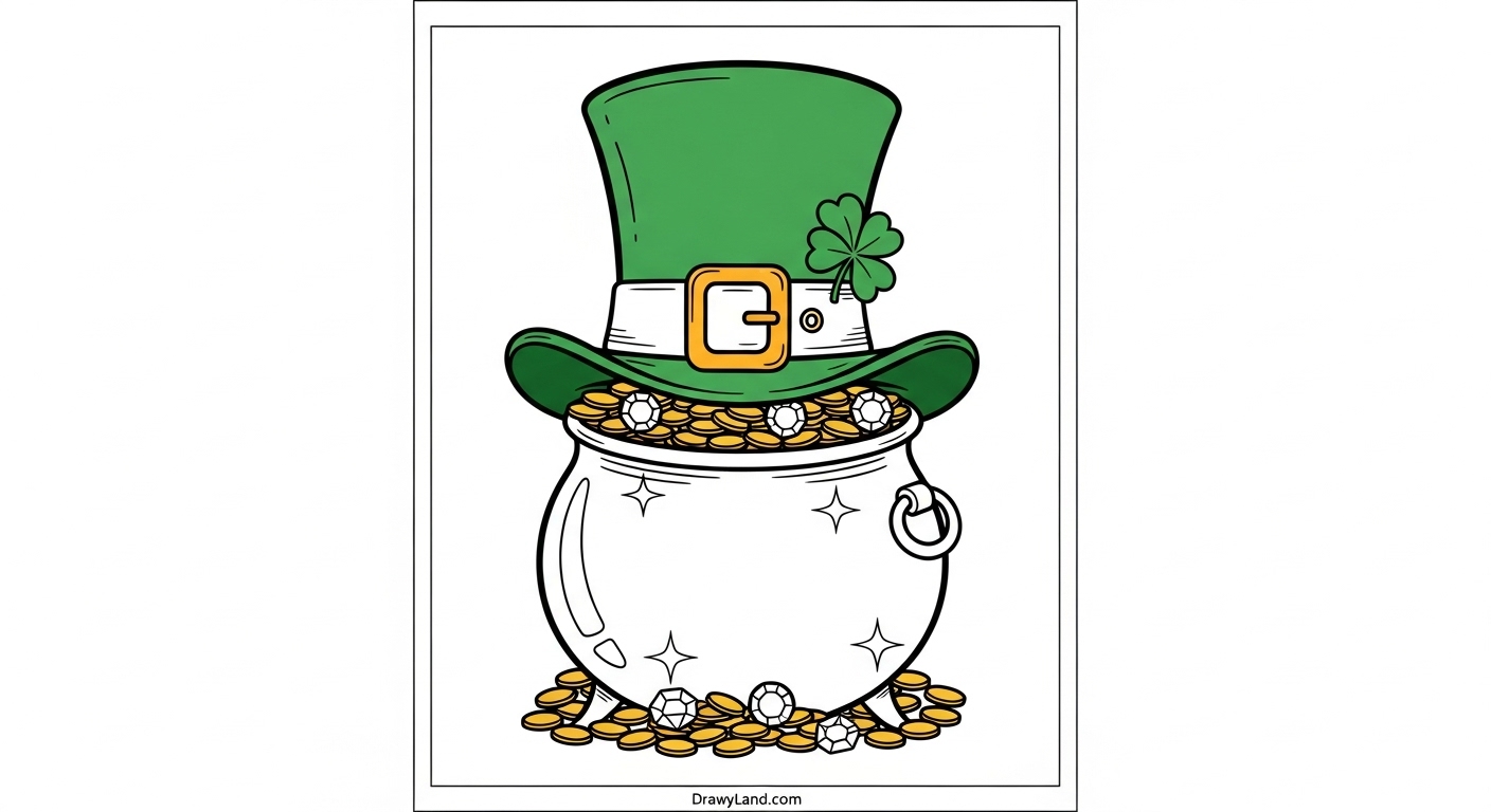 Free Printable Pot of Gold Coloring Page easy pot of gold coloring page with four-leaf clovers