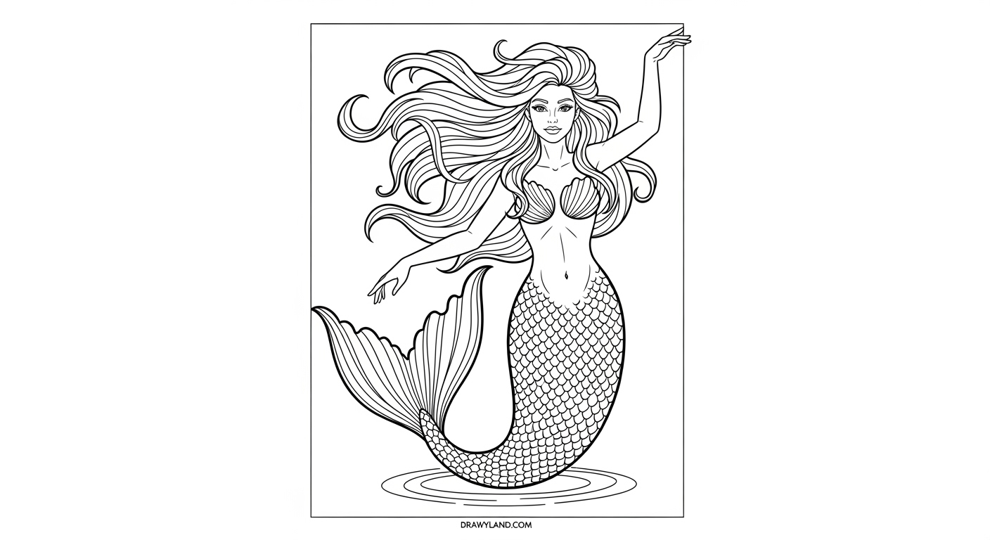 Free Printable Realistic Mermaid Coloring Pages lifelike mermaid drawing with detailed ocean background