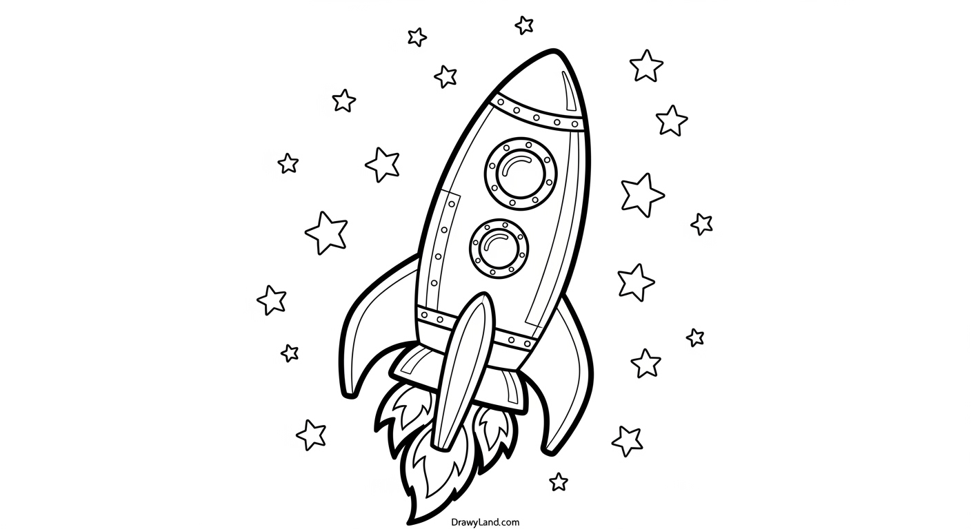 Free Printable Rocket Ship Coloring Page A classic rocket ship coloring page with stars