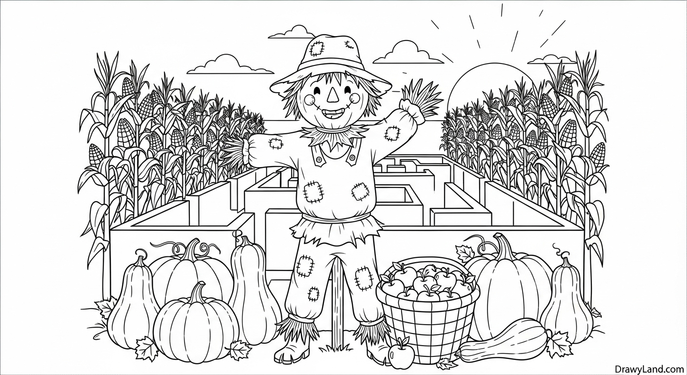 Fun & Free Printable Scarecrow Coloring Page Cute scarecrow with a pumpkin coloring sheet