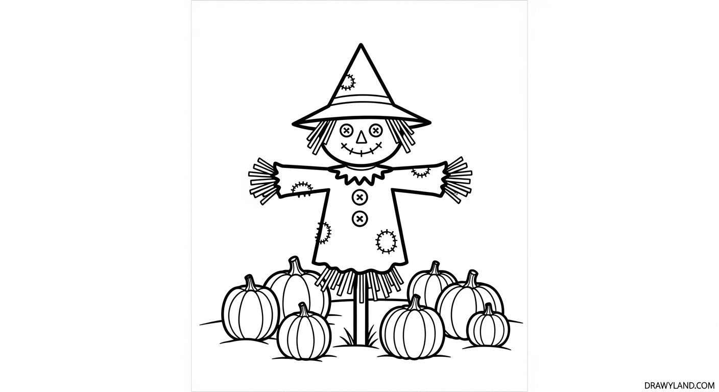 Fun & Free Printable Scarecrow Coloring Page Smiling scarecrow outline for coloring projects