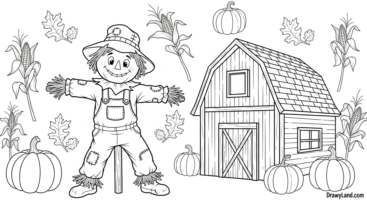 Fun & Free Printable Scarecrow Coloring Page Happy scarecrow and crow coloring sheet
