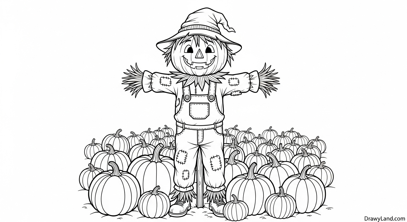 Fun & Free Printable Scarecrow Coloring Page Friendly scarecrow coloring page with a pumpkin