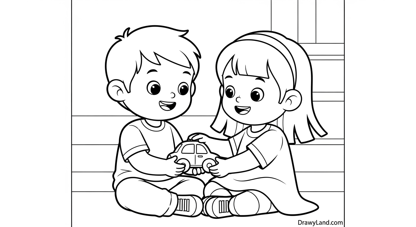 Free Printable Sharing Coloring Pages for Kids A printable sharing coloring page featuring two children sharing toys