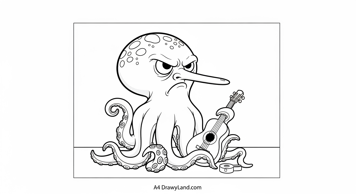 Free Printable SpongeBob SquarePants Coloring Book Squidward Tentacles looking annoyed for a Spongebob Squarepants coloring book page