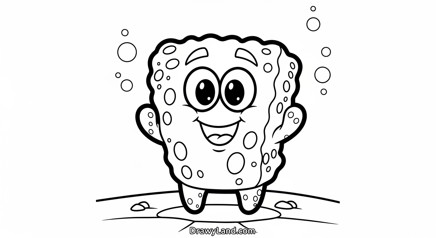 Free Printable SpongeBob SquarePants Coloring Book Happy SpongeBob SquarePants holding a net in a coloring book page