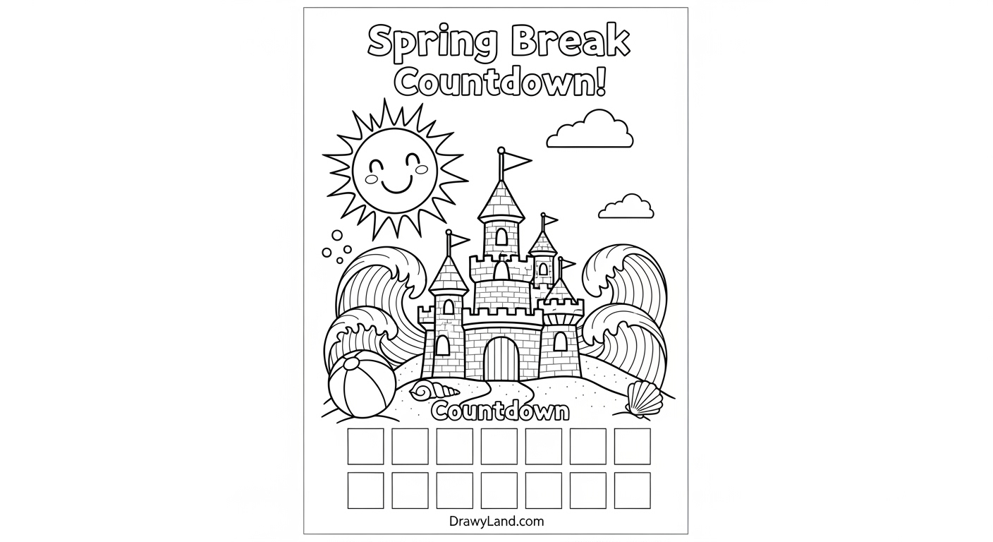Fun & Free Printable Spring Break Coloring Sheets Beach scene spring break coloring page with palm tree and sun