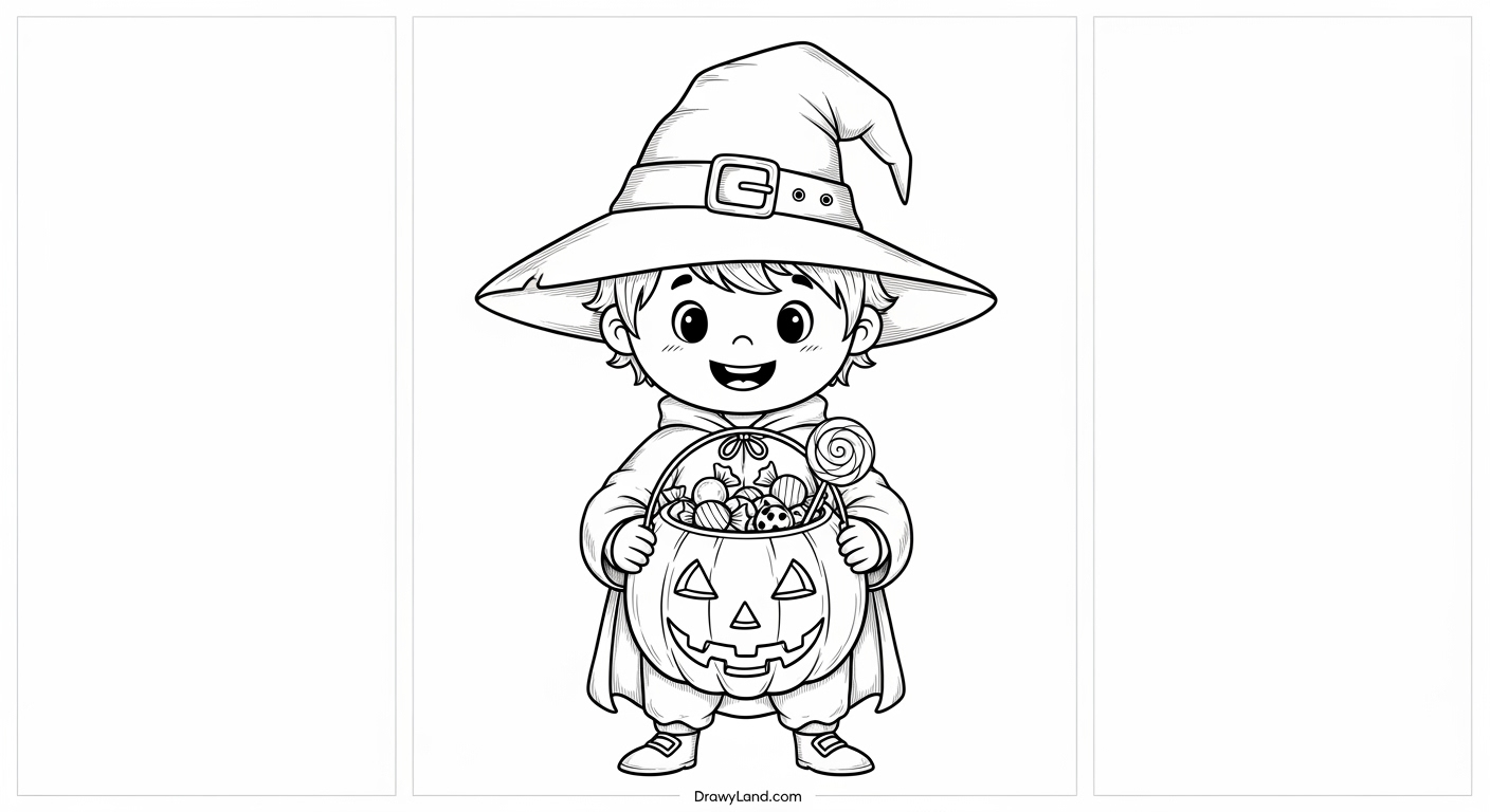 Free Printable Trick or Treat Coloring Pages A cute ghost holding a jack-o'-lantern candy bucket for trick or treating