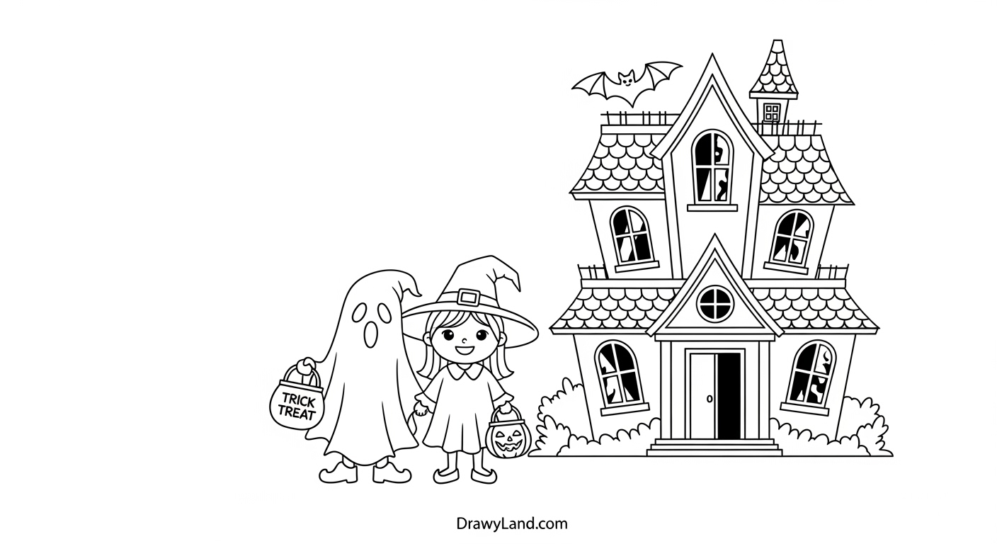 Free Printable Trick or Treat Coloring Pages A spooky but friendly haunted house trick or treat coloring page