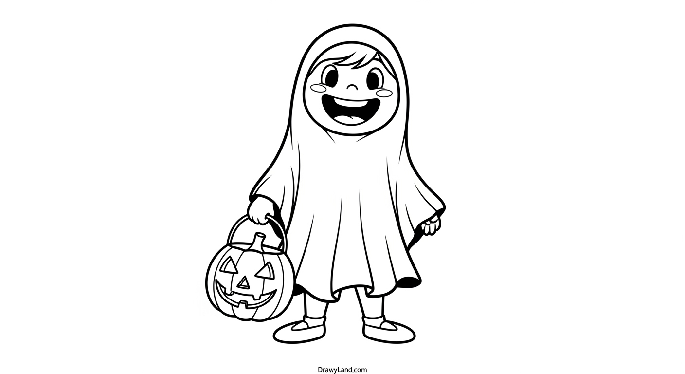 Free Printable Trick or Treat Coloring Pages A group of kids in costumes trick or treating at a house