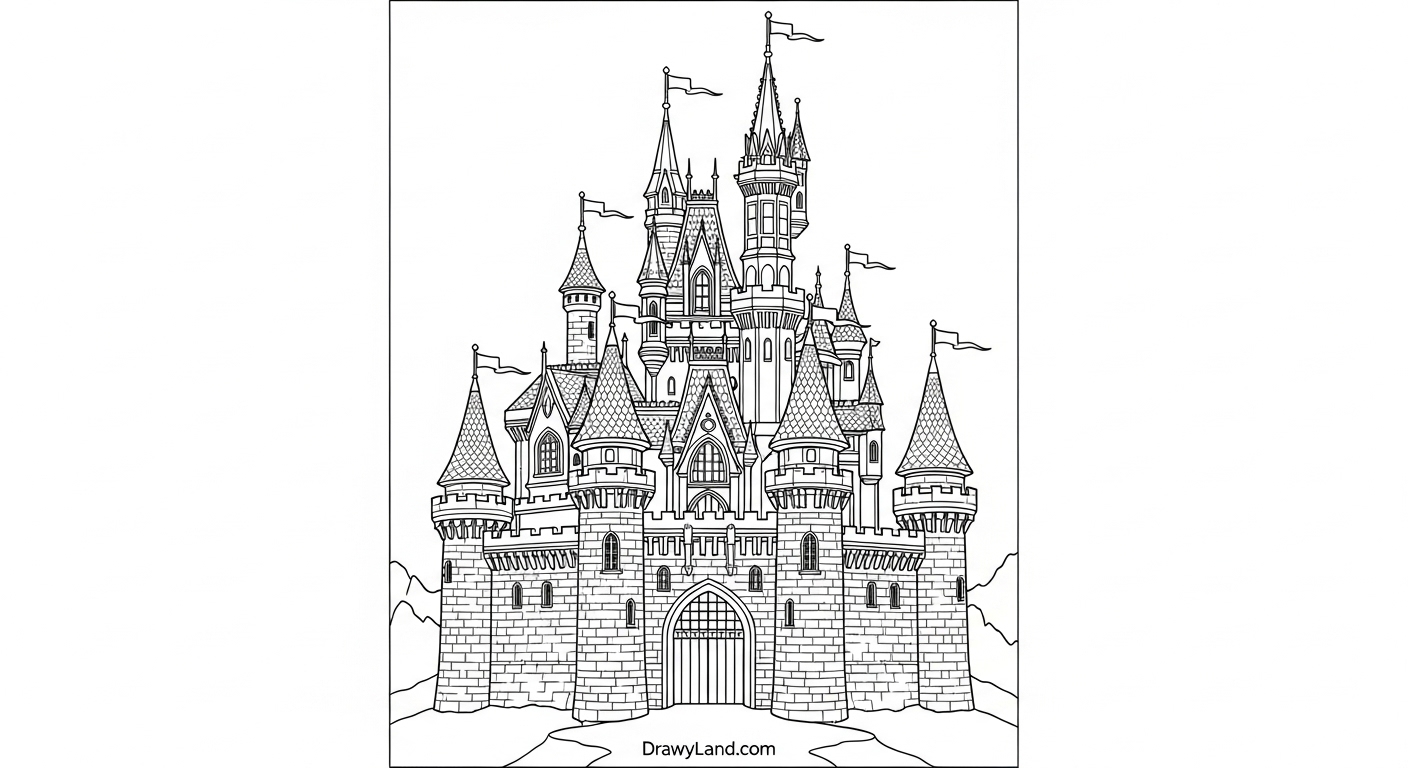 A magical Walt Disney World printable coloring page featuring a castle and characters