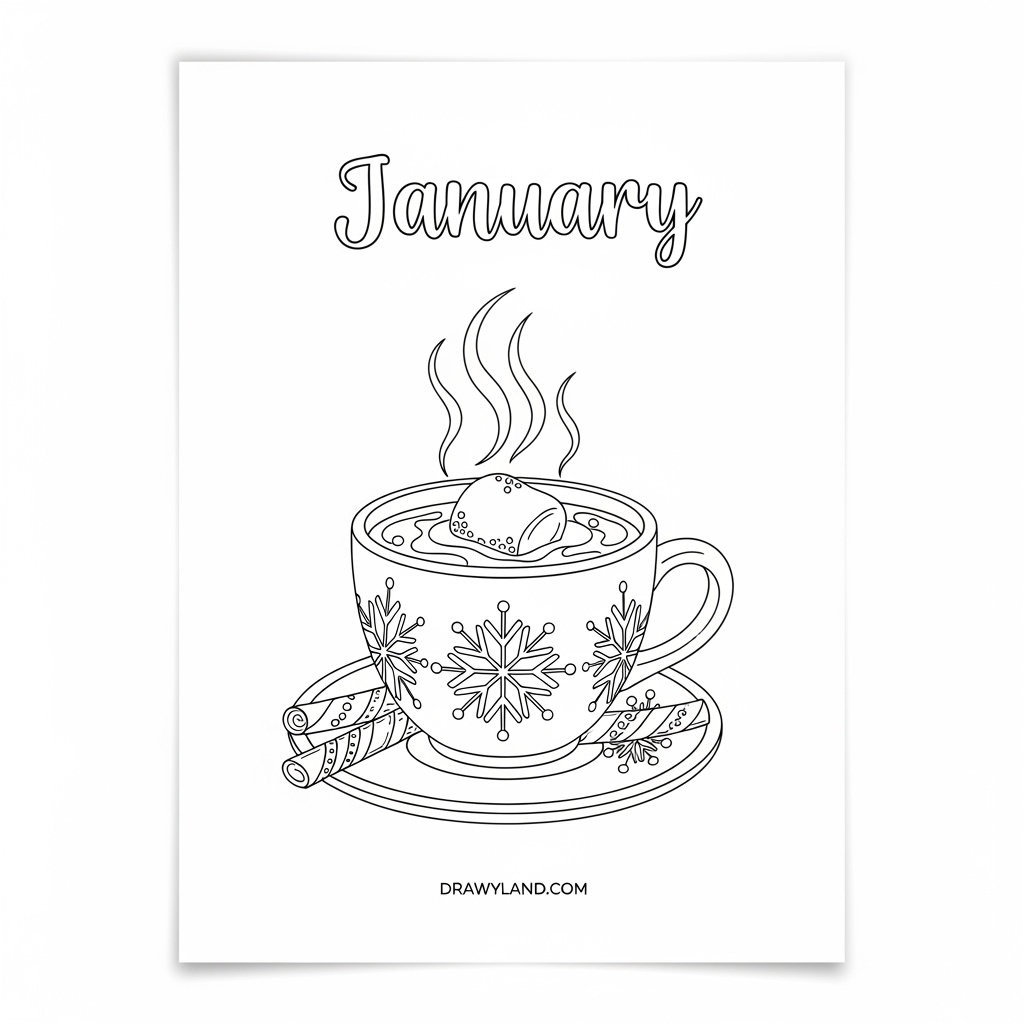 A cozy winter wonderland coloring book scene with a house